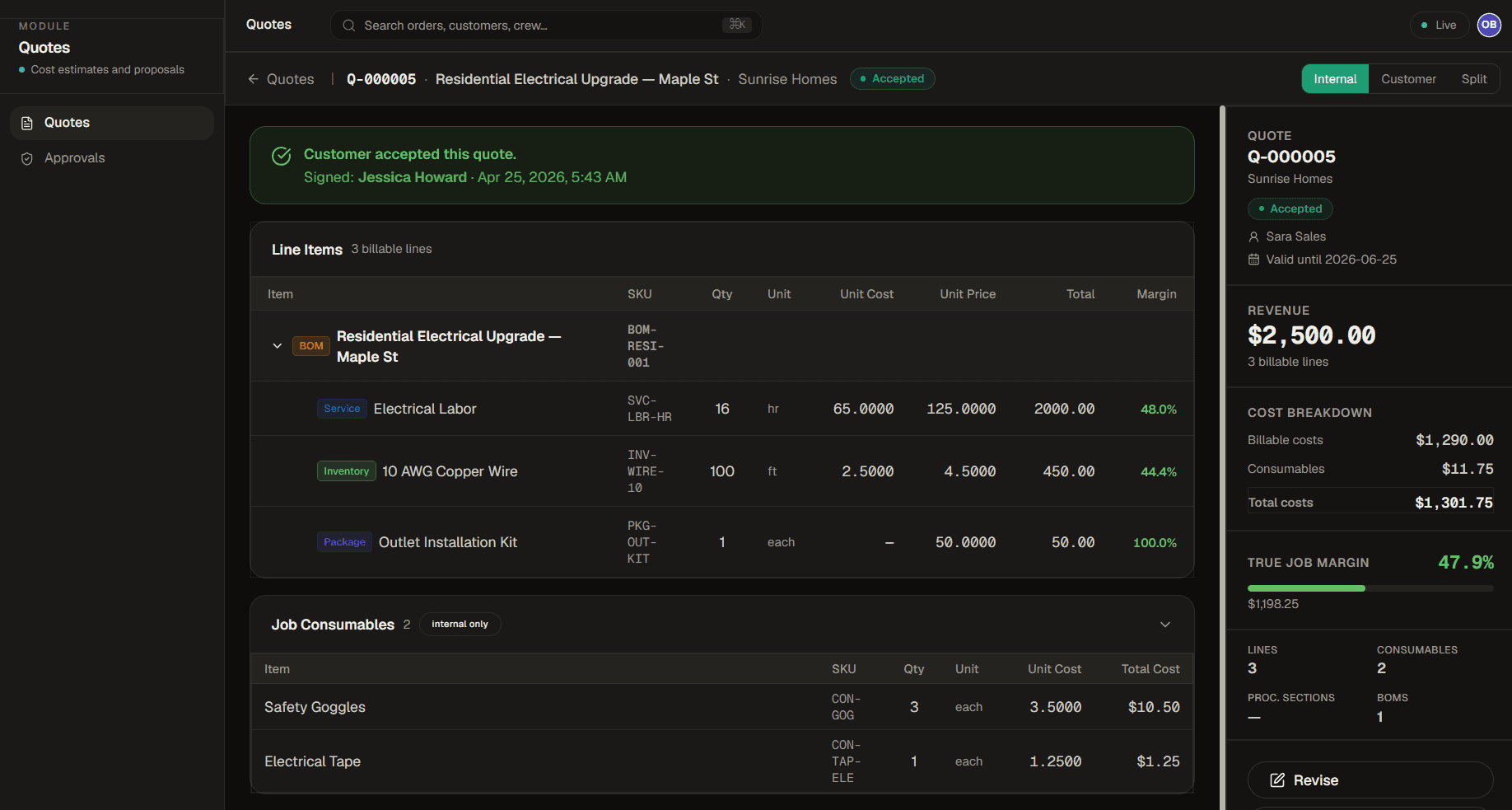 RevoraHQ quote detail screen showing line items, costs, and true job margin