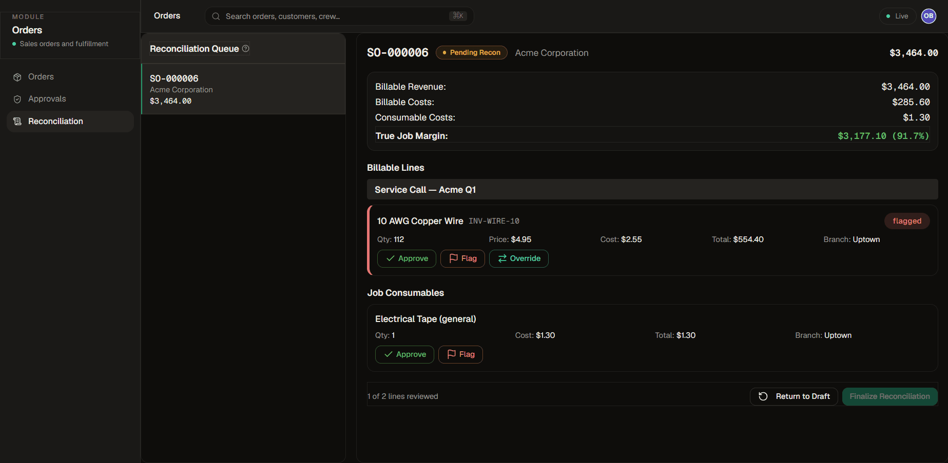 RevoraHQ reconciliation screen showing billable lines, consumables, and true job margin